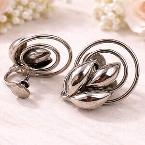 Vintage Silver Tone Swirl Leaf Screw Back Earrings Classic Statement Jewelry